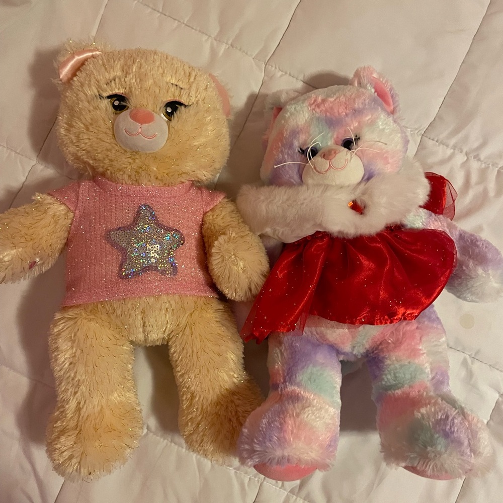 Build-A-Bear Pink Glitter Star Bear & Pastel Rainbow Bear with Red Cape